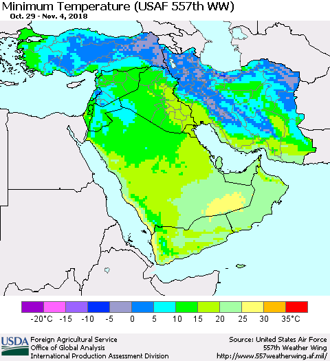 Middle East and Turkey Mean Minimum Temperature (USAF 557th WW) Thematic Map For 10/29/2018 - 11/4/2018