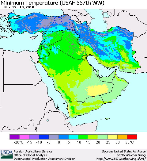 Middle East and Turkey Mean Minimum Temperature (USAF 557th WW) Thematic Map For 11/12/2018 - 11/18/2018