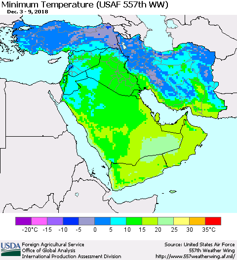 Middle East and Turkey Mean Minimum Temperature (USAF 557th WW) Thematic Map For 12/3/2018 - 12/9/2018