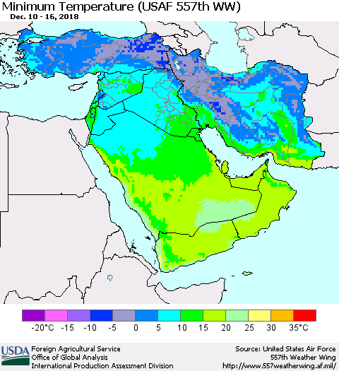 Middle East and Turkey Mean Minimum Temperature (USAF 557th WW) Thematic Map For 12/10/2018 - 12/16/2018