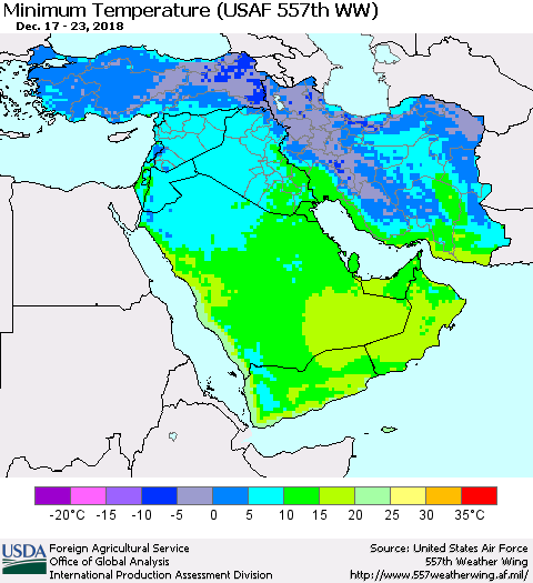 Middle East and Turkey Mean Minimum Temperature (USAF 557th WW) Thematic Map For 12/17/2018 - 12/23/2018