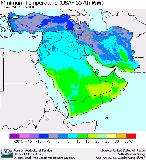 Middle East and Turkey Mean Minimum Temperature (USAF 557th WW) Thematic Map For 12/24/2018 - 12/30/2018