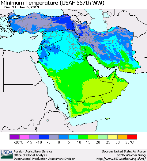 Middle East and Turkey Mean Minimum Temperature (USAF 557th WW) Thematic Map For 12/31/2018 - 1/6/2019