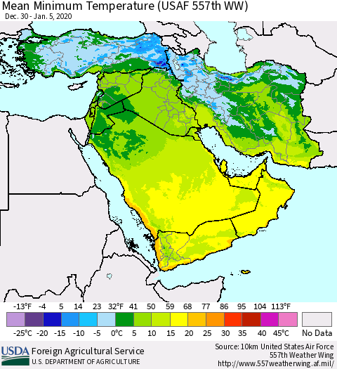 Middle East and Turkey Mean Minimum Temperature (USAF 557th WW) Thematic Map For 12/30/2019 - 1/5/2020