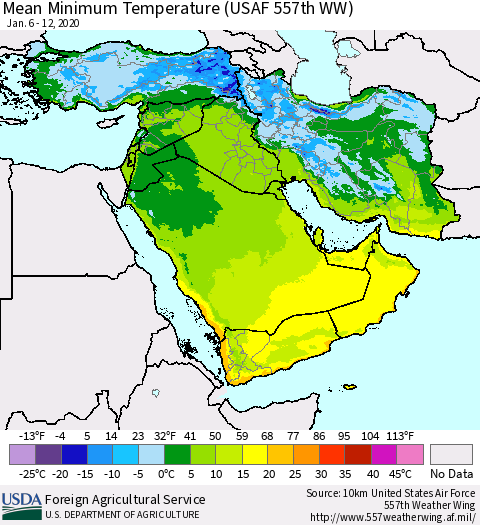 Middle East and Turkey Mean Minimum Temperature (USAF 557th WW) Thematic Map For 1/6/2020 - 1/12/2020