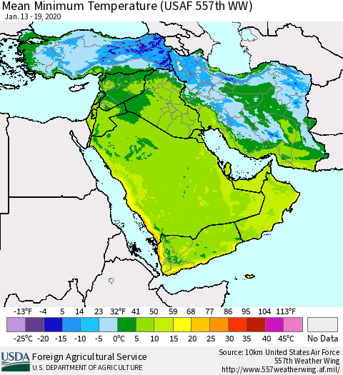 Middle East and Turkey Mean Minimum Temperature (USAF 557th WW) Thematic Map For 1/13/2020 - 1/19/2020