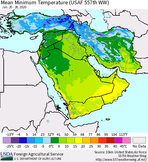 Middle East and Turkey Mean Minimum Temperature (USAF 557th WW) Thematic Map For 1/20/2020 - 1/26/2020