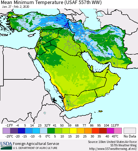 Middle East and Turkey Mean Minimum Temperature (USAF 557th WW) Thematic Map For 1/27/2020 - 2/2/2020