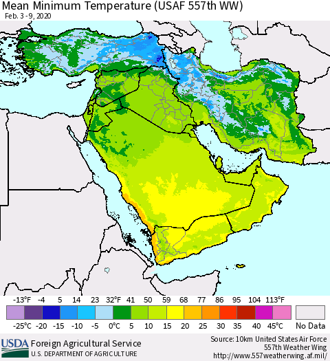 Middle East and Turkey Mean Minimum Temperature (USAF 557th WW) Thematic Map For 2/3/2020 - 2/9/2020