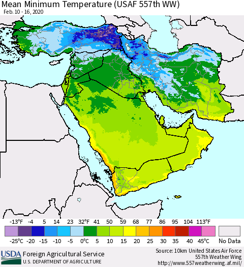 Middle East and Turkey Mean Minimum Temperature (USAF 557th WW) Thematic Map For 2/10/2020 - 2/16/2020