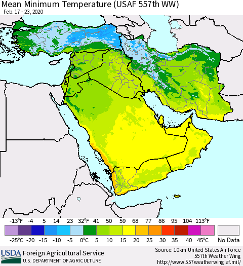 Middle East and Turkey Mean Minimum Temperature (USAF 557th WW) Thematic Map For 2/17/2020 - 2/23/2020