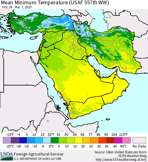 Middle East and Turkey Mean Minimum Temperature (USAF 557th WW) Thematic Map For 2/24/2020 - 3/1/2020
