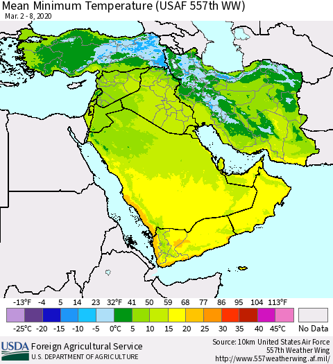 Middle East and Turkey Mean Minimum Temperature (USAF 557th WW) Thematic Map For 3/2/2020 - 3/8/2020