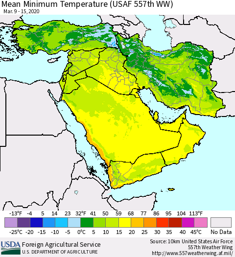 Middle East and Turkey Mean Minimum Temperature (USAF 557th WW) Thematic Map For 3/9/2020 - 3/15/2020