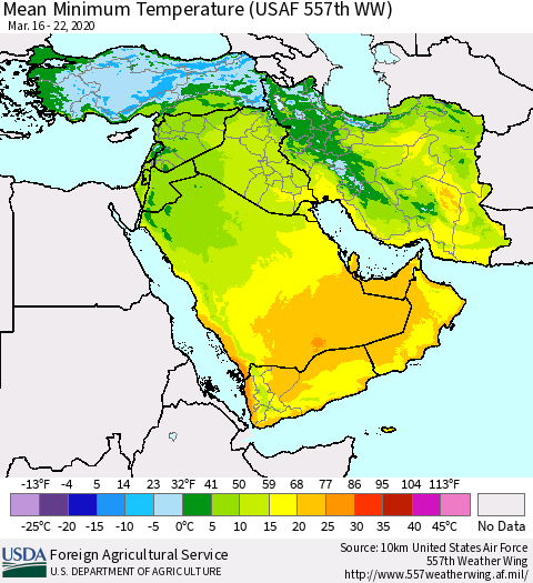 Middle East and Turkey Mean Minimum Temperature (USAF 557th WW) Thematic Map For 3/16/2020 - 3/22/2020