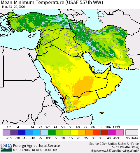 Middle East and Turkey Mean Minimum Temperature (USAF 557th WW) Thematic Map For 3/23/2020 - 3/29/2020