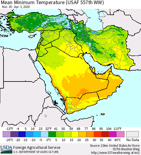 Middle East and Turkey Mean Minimum Temperature (USAF 557th WW) Thematic Map For 3/30/2020 - 4/5/2020