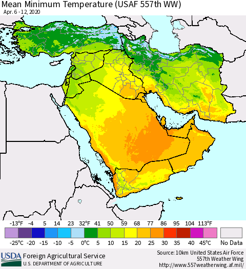 Middle East and Turkey Mean Minimum Temperature (USAF 557th WW) Thematic Map For 4/6/2020 - 4/12/2020