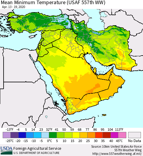 Middle East and Turkey Mean Minimum Temperature (USAF 557th WW) Thematic Map For 4/13/2020 - 4/19/2020