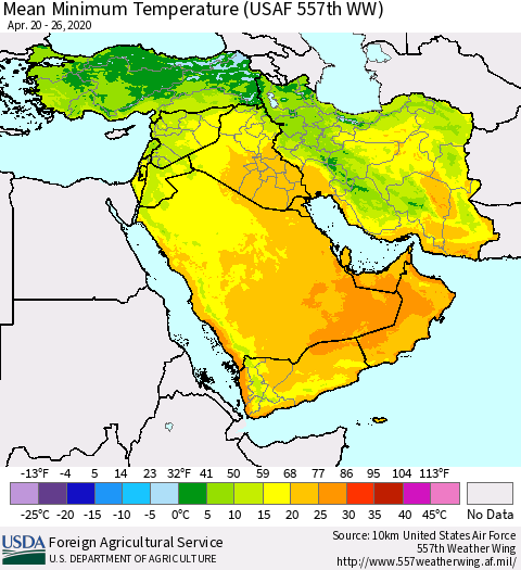 Middle East and Turkey Mean Minimum Temperature (USAF 557th WW) Thematic Map For 4/20/2020 - 4/26/2020