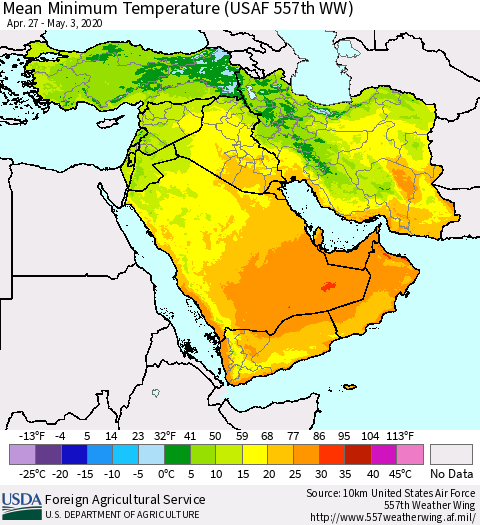 Middle East and Turkey Mean Minimum Temperature (USAF 557th WW) Thematic Map For 4/27/2020 - 5/3/2020