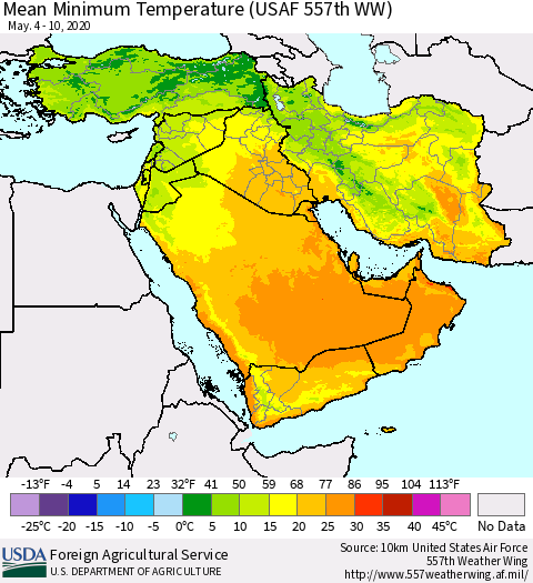 Middle East and Turkey Mean Minimum Temperature (USAF 557th WW) Thematic Map For 5/4/2020 - 5/10/2020