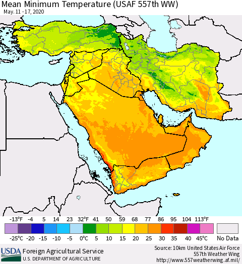 Middle East and Turkey Mean Minimum Temperature (USAF 557th WW) Thematic Map For 5/11/2020 - 5/17/2020