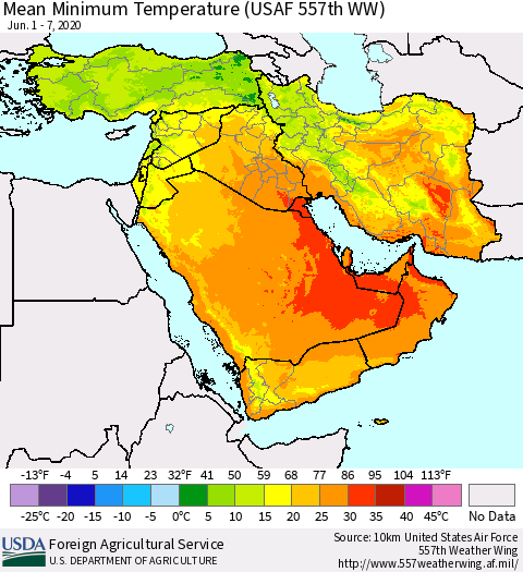 Middle East and Turkey Mean Minimum Temperature (USAF 557th WW) Thematic Map For 6/1/2020 - 6/7/2020