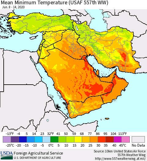Middle East and Turkey Mean Minimum Temperature (USAF 557th WW) Thematic Map For 6/8/2020 - 6/14/2020