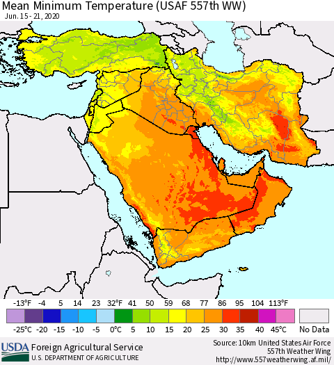 Middle East and Turkey Mean Minimum Temperature (USAF 557th WW) Thematic Map For 6/15/2020 - 6/21/2020