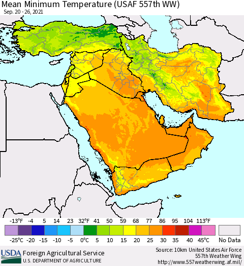Middle East and Turkey Mean Minimum Temperature (USAF 557th WW) Thematic Map For 9/20/2021 - 9/26/2021