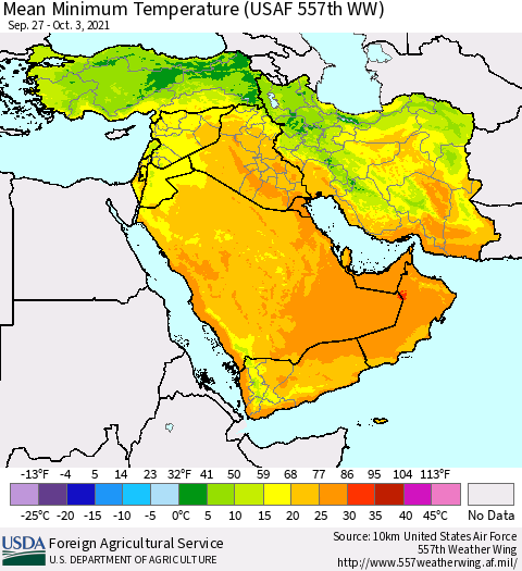 Middle East and Turkey Mean Minimum Temperature (USAF 557th WW) Thematic Map For 9/27/2021 - 10/3/2021