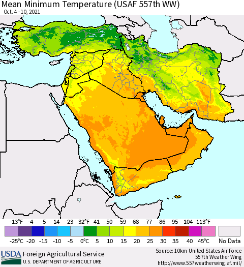 Middle East and Turkey Mean Minimum Temperature (USAF 557th WW) Thematic Map For 10/4/2021 - 10/10/2021