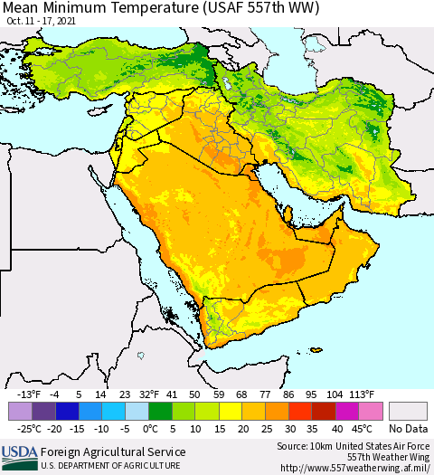 Middle East and Turkey Mean Minimum Temperature (USAF 557th WW) Thematic Map For 10/11/2021 - 10/17/2021