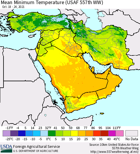 Middle East and Turkey Mean Minimum Temperature (USAF 557th WW) Thematic Map For 10/18/2021 - 10/24/2021