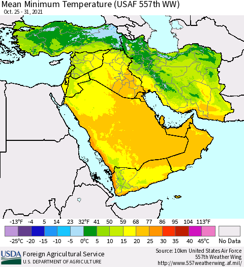 Middle East and Turkey Mean Minimum Temperature (USAF 557th WW) Thematic Map For 10/25/2021 - 10/31/2021