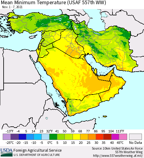 Middle East and Turkey Mean Minimum Temperature (USAF 557th WW) Thematic Map For 11/1/2021 - 11/7/2021
