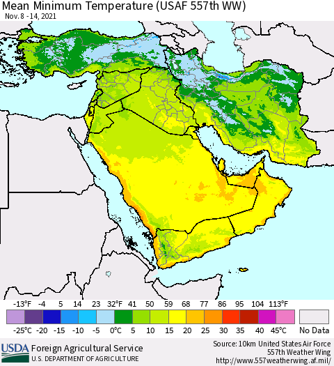 Middle East and Turkey Mean Minimum Temperature (USAF 557th WW) Thematic Map For 11/8/2021 - 11/14/2021