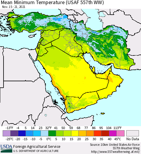 Middle East and Turkey Mean Minimum Temperature (USAF 557th WW) Thematic Map For 11/15/2021 - 11/21/2021