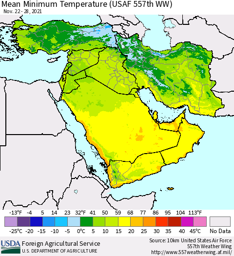 Middle East and Turkey Mean Minimum Temperature (USAF 557th WW) Thematic Map For 11/22/2021 - 11/28/2021