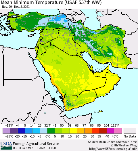 Middle East and Turkey Mean Minimum Temperature (USAF 557th WW) Thematic Map For 11/29/2021 - 12/5/2021