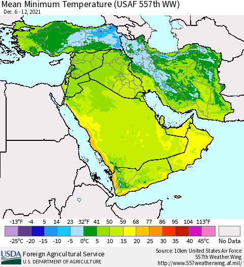 Middle East and Turkey Mean Minimum Temperature (USAF 557th WW) Thematic Map For 12/6/2021 - 12/12/2021