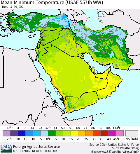 Middle East and Turkey Mean Minimum Temperature (USAF 557th WW) Thematic Map For 12/13/2021 - 12/19/2021