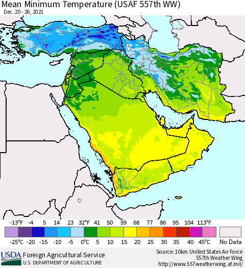 Middle East and Turkey Mean Minimum Temperature (USAF 557th WW) Thematic Map For 12/20/2021 - 12/26/2021