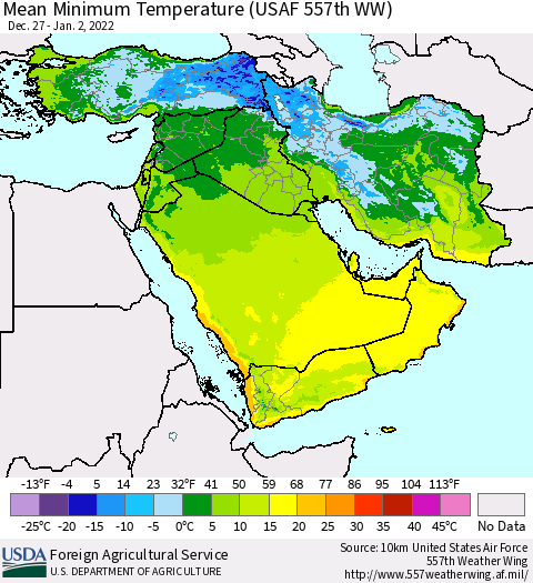 Middle East and Turkey Mean Minimum Temperature (USAF 557th WW) Thematic Map For 12/27/2021 - 1/2/2022