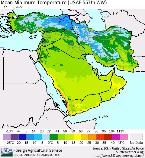 Middle East and Turkey Mean Minimum Temperature (USAF 557th WW) Thematic Map For 1/3/2022 - 1/9/2022