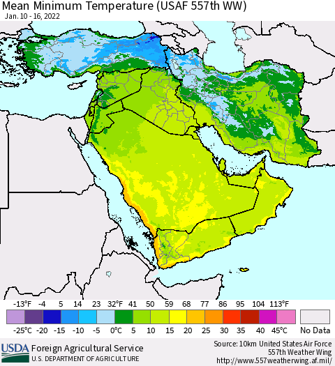 Middle East and Turkey Mean Minimum Temperature (USAF 557th WW) Thematic Map For 1/10/2022 - 1/16/2022