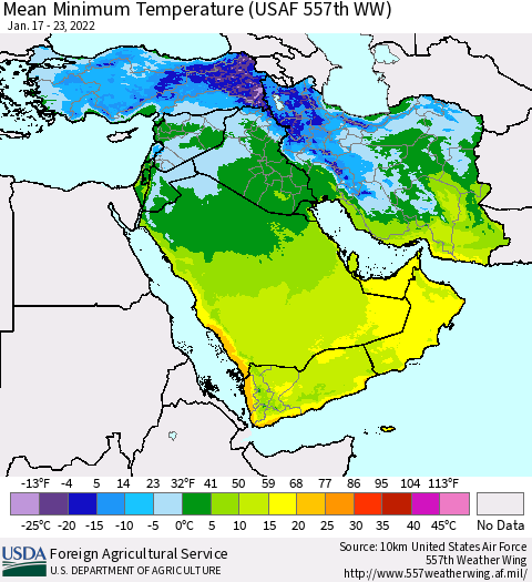 Middle East and Turkey Mean Minimum Temperature (USAF 557th WW) Thematic Map For 1/17/2022 - 1/23/2022
