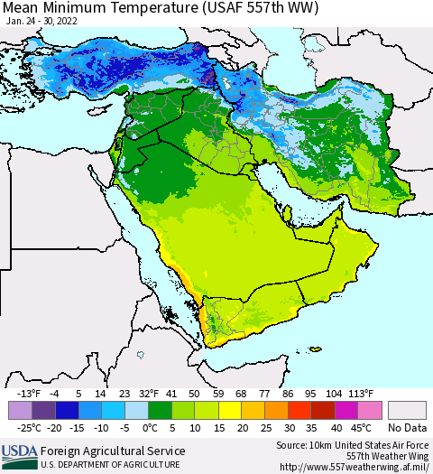 Middle East and Turkey Mean Minimum Temperature (USAF 557th WW) Thematic Map For 1/24/2022 - 1/30/2022