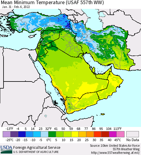 Middle East and Turkey Mean Minimum Temperature (USAF 557th WW) Thematic Map For 1/31/2022 - 2/6/2022